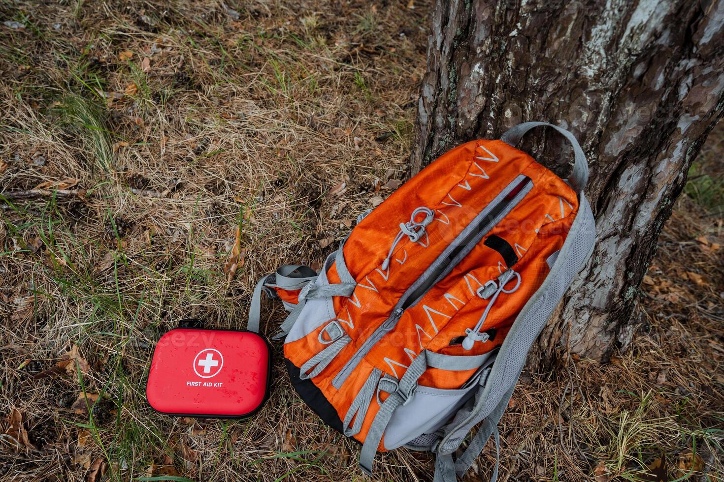 A vibrant and bright orange hiking backpack alongside a wellequipped first aid kit situated conveniently under the shade of a tree, perfect for lovers of adventure and outdoor exploration photo
