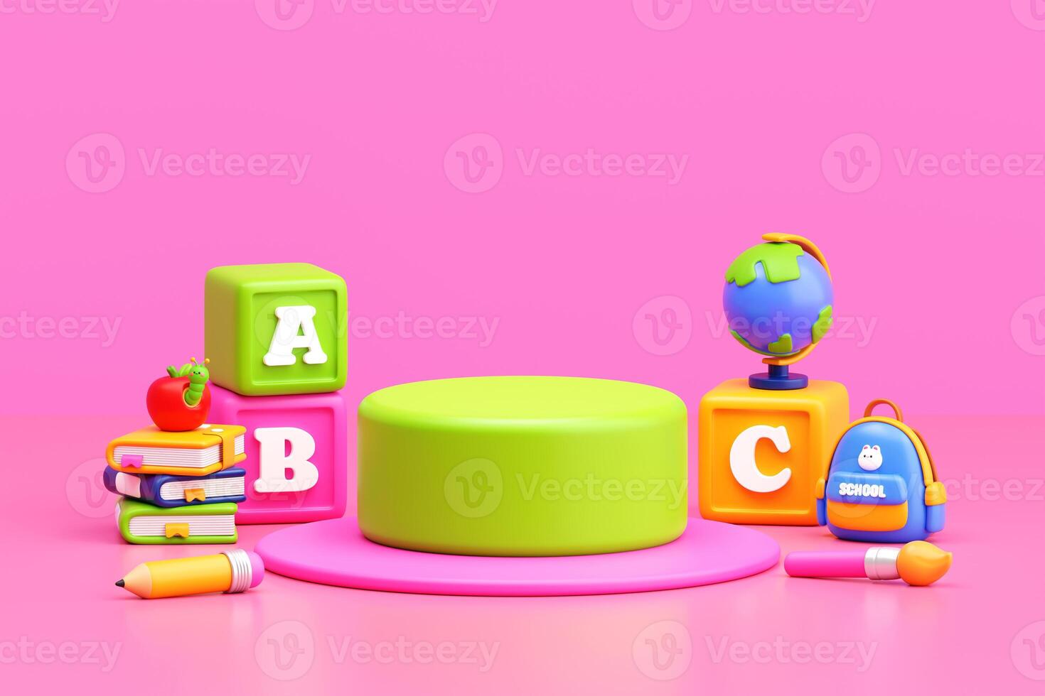 3D Cute Back to School Education Scene with Books, ABC Blocks, and Backpack photo