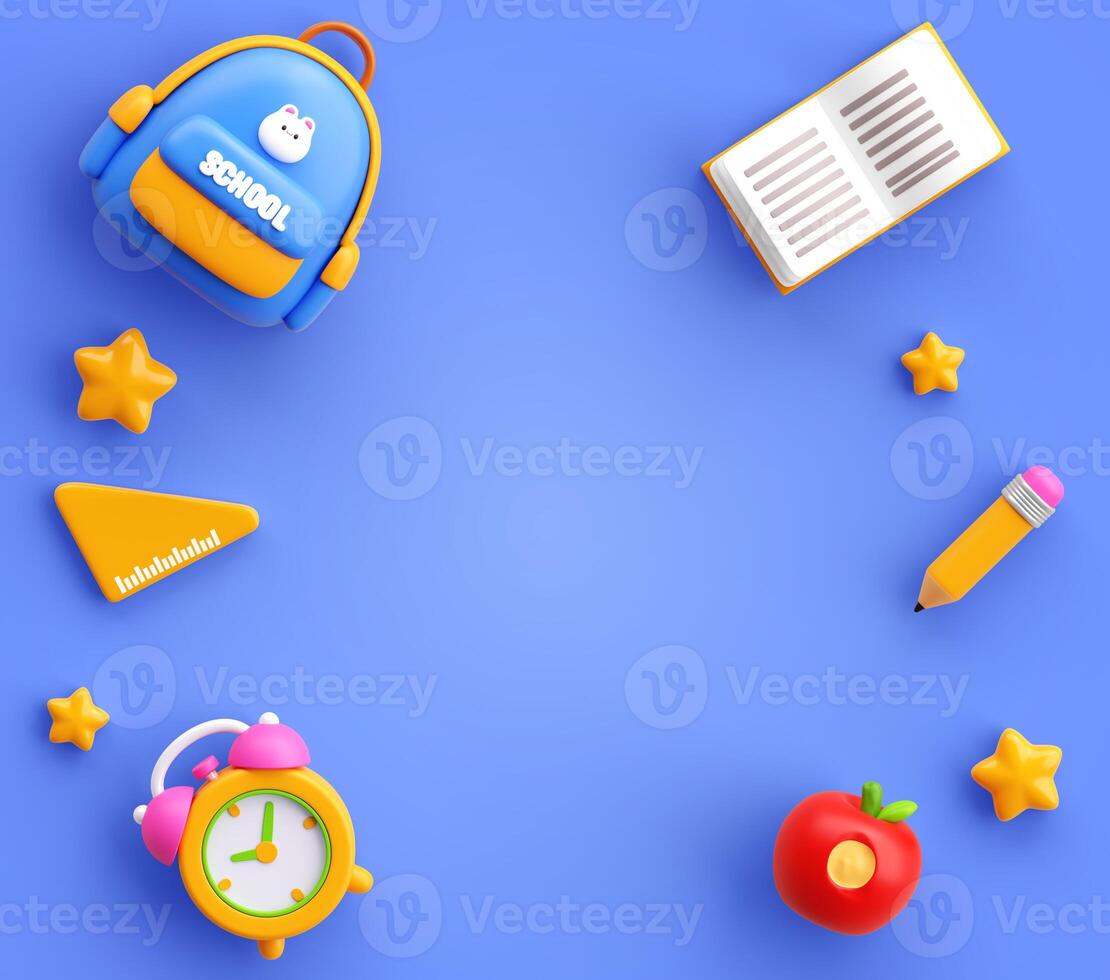 3D Top View of School Supplies and Stationery on Blue Background photo