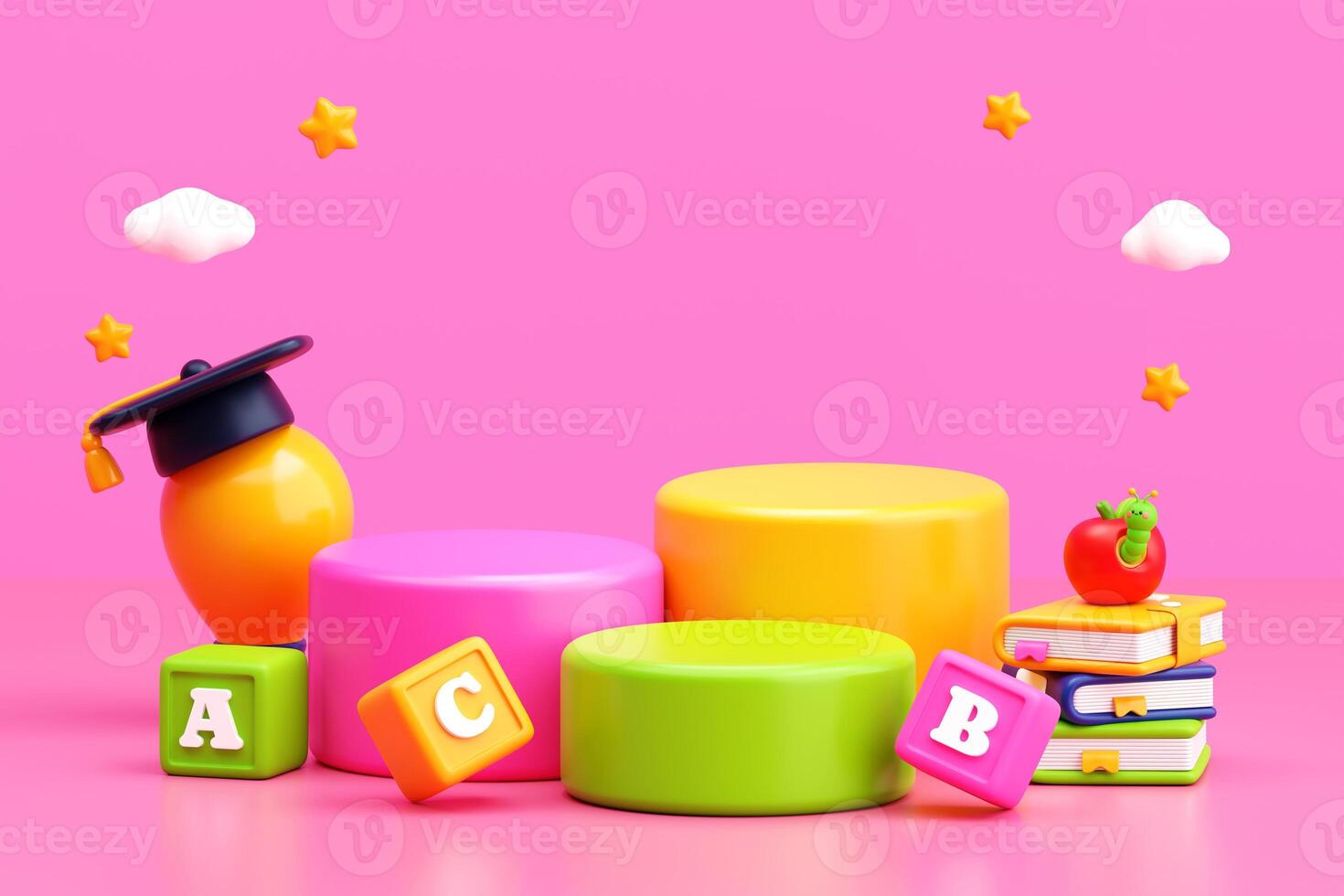 3D Back to School and Graduation Scene with Books, ABC Blocks, and Podiums photo