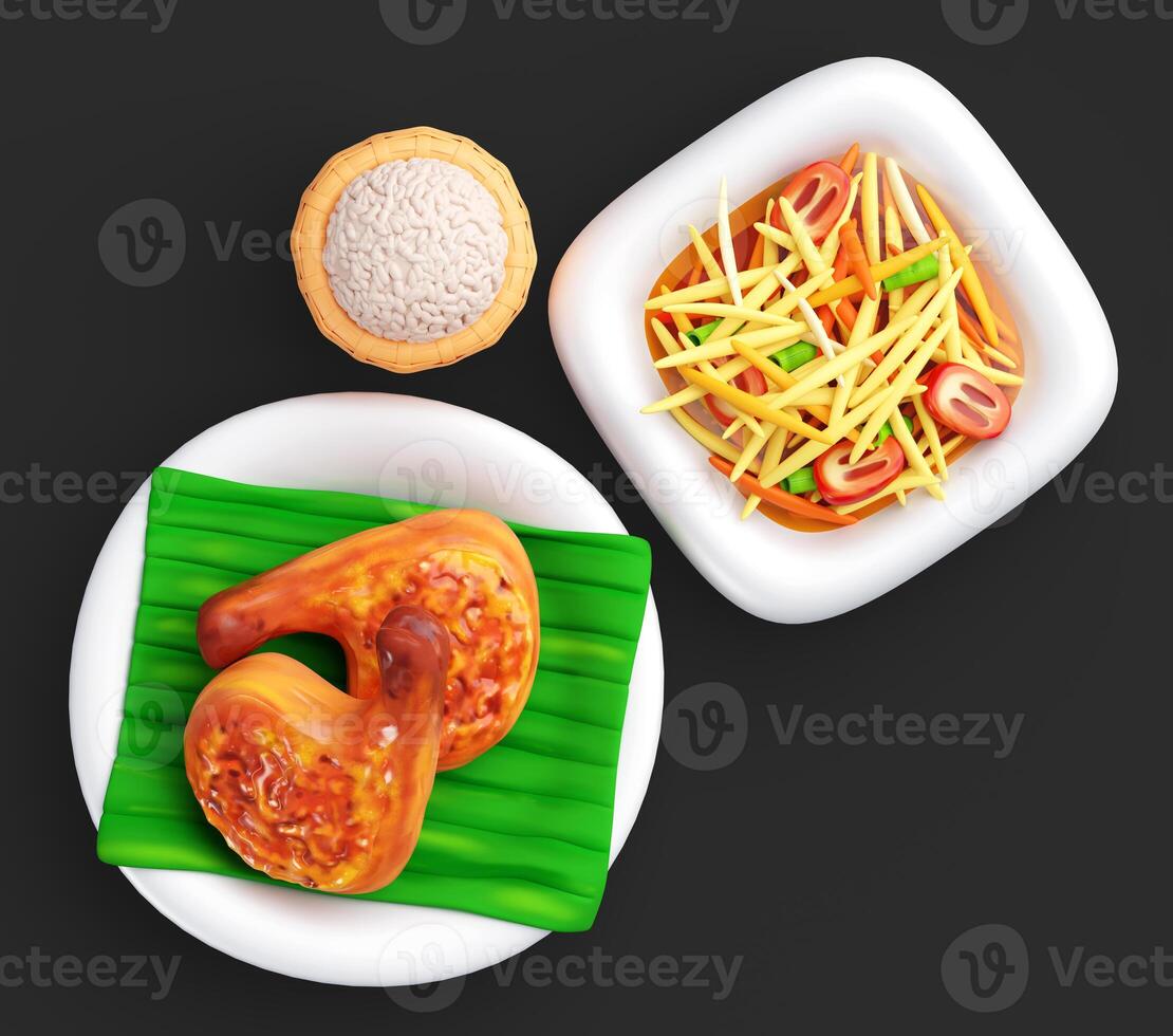 Thai Food 3D Top View - Grilled Chicken, Sticky Rice, and Papaya Salad illustration photo