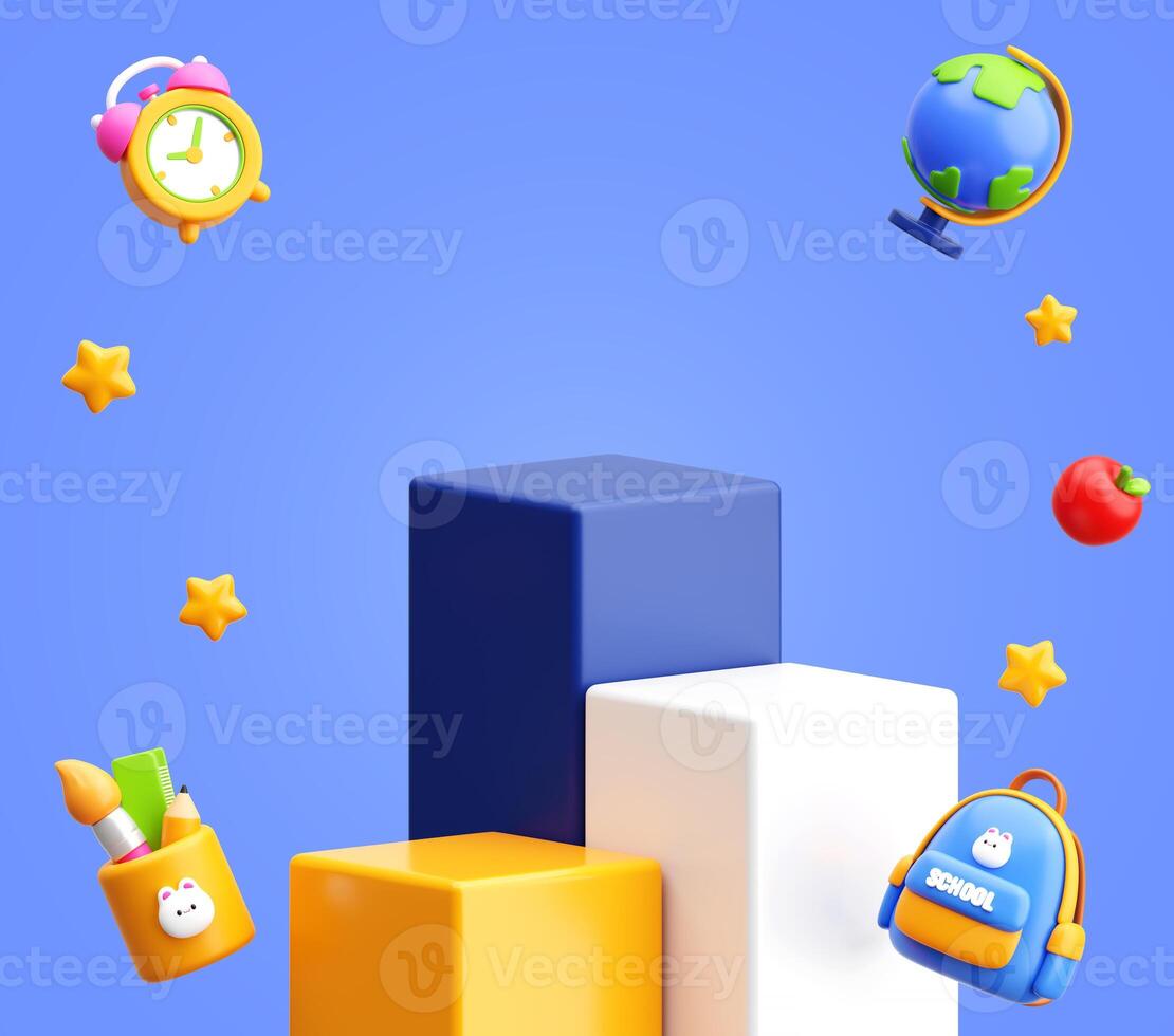 3D Minimal Back to School Scene with Colorful Podiums and School Supplies photo