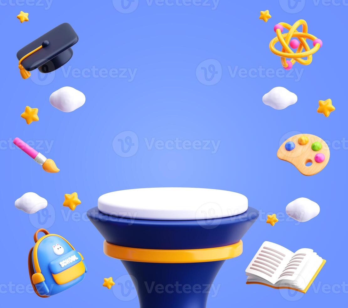 3D Creative Education Scene with Floating School Elements and Podium on Blue Background photo