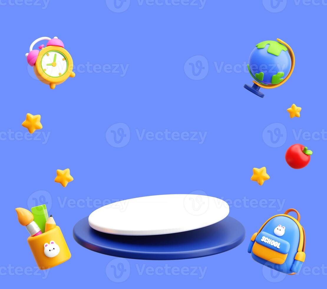 3D Blue Back to School Scene with School Supplies, Globe, and Backpack photo