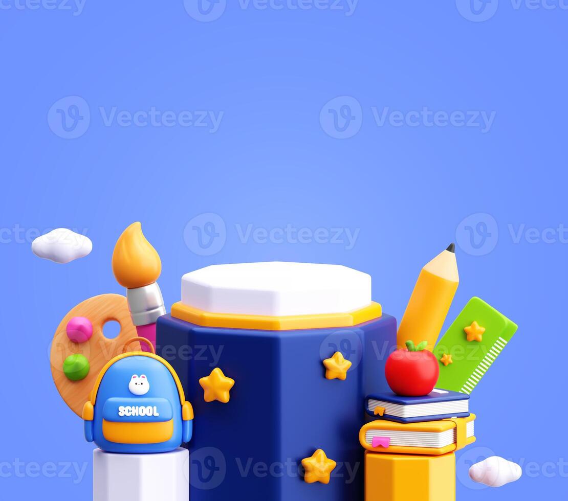 3D School Supplies Display with Hexagonal Podium and Creative Education Elements photo