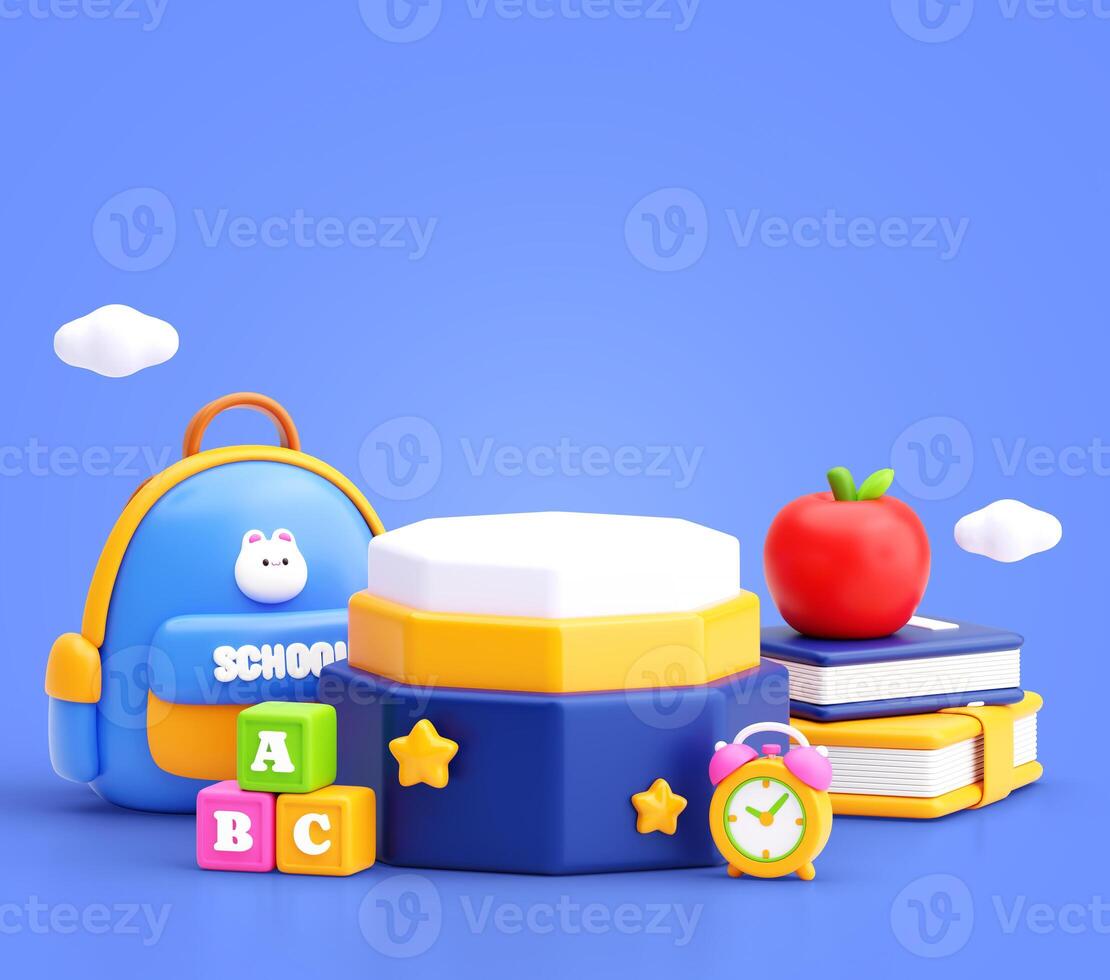 3D School Essentials Scene with Books, ABC Blocks, and Backpack on Blue Background photo