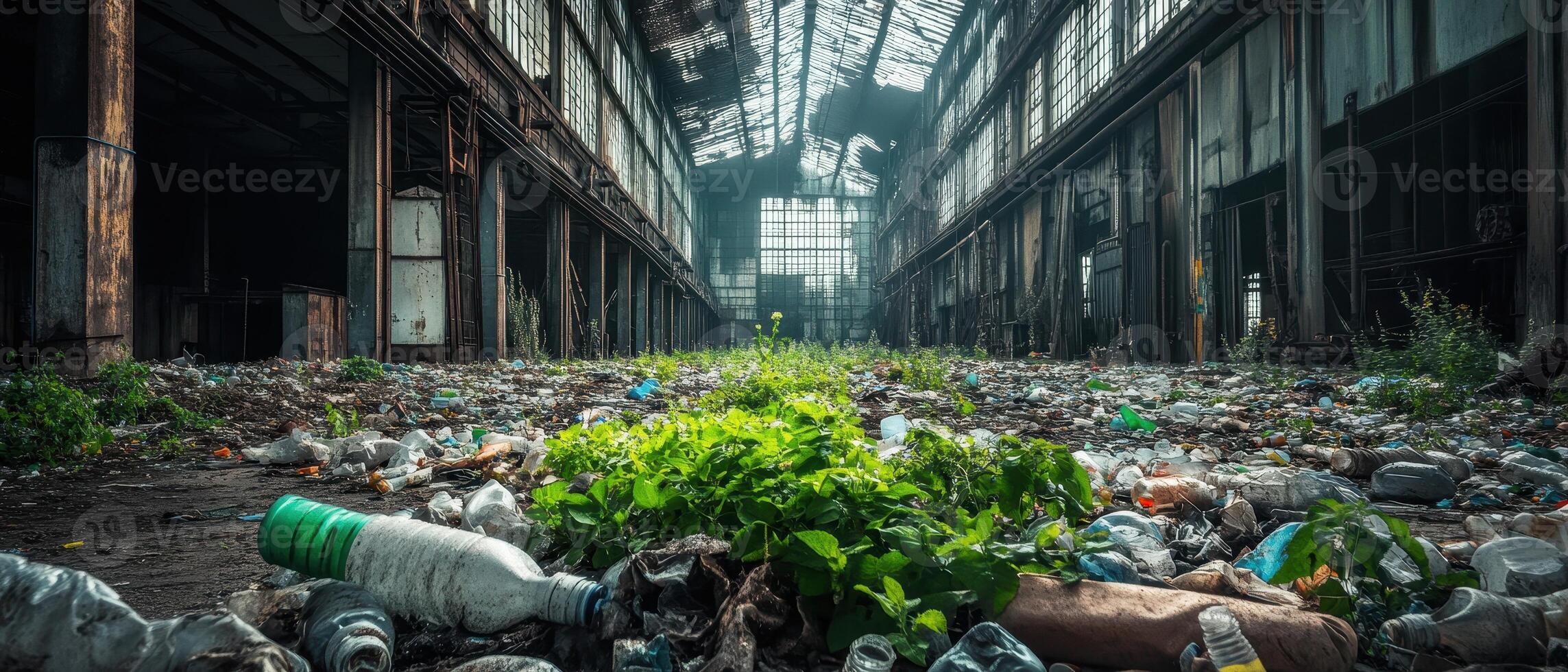 Abandoned industrial space filled with debris, showcasing neglect and nature's resilience through a small plant emerging from trash. photo