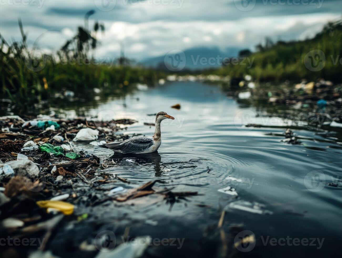A bird stands in a polluted waterway surrounded by litter, highlighting environmental degradation and habitat loss. photo