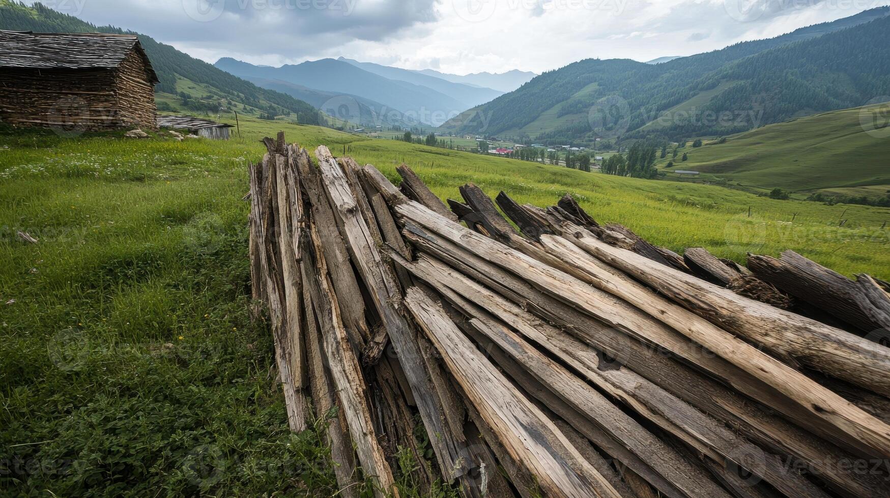 A scenic view of rolling hills and mountains, featuring a rustic wooden fence and a traditional structure amidst lush greenery. photo