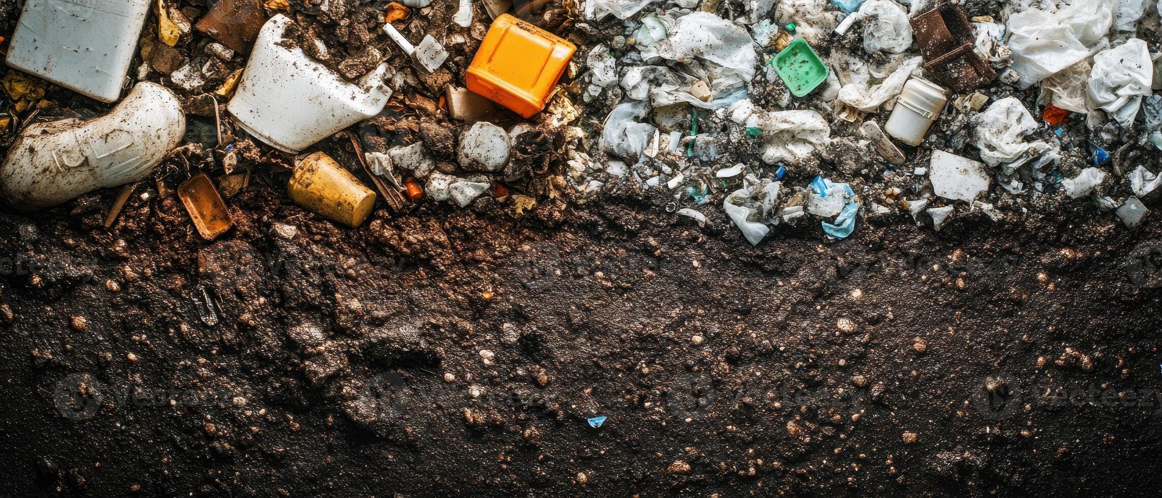 A cluttered scene of litter and waste materials scattered on the ground, highlighting issues of pollution and environmental degradation. photo