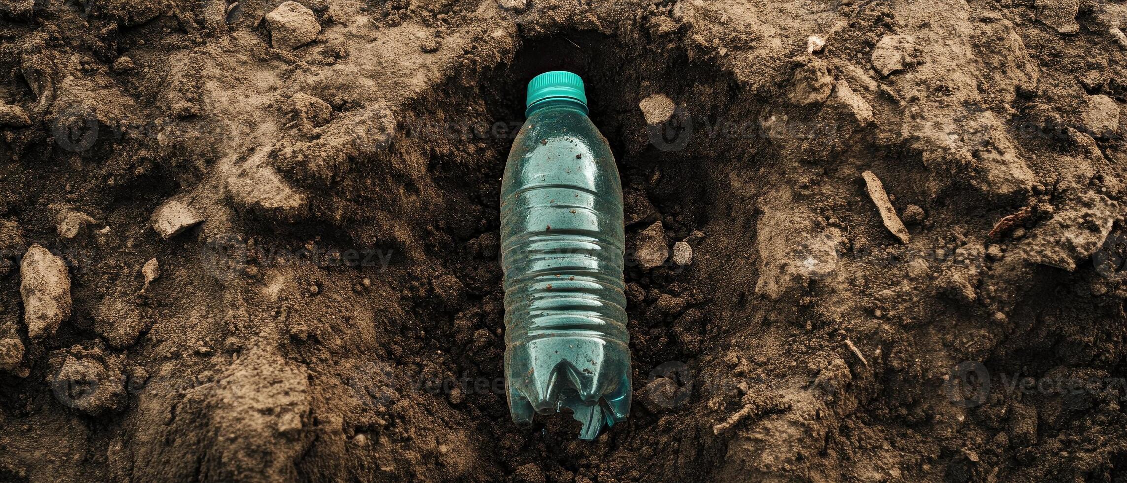 A plastic water bottle is half-buried in dirt, highlighting environmental pollution and waste issues. photo