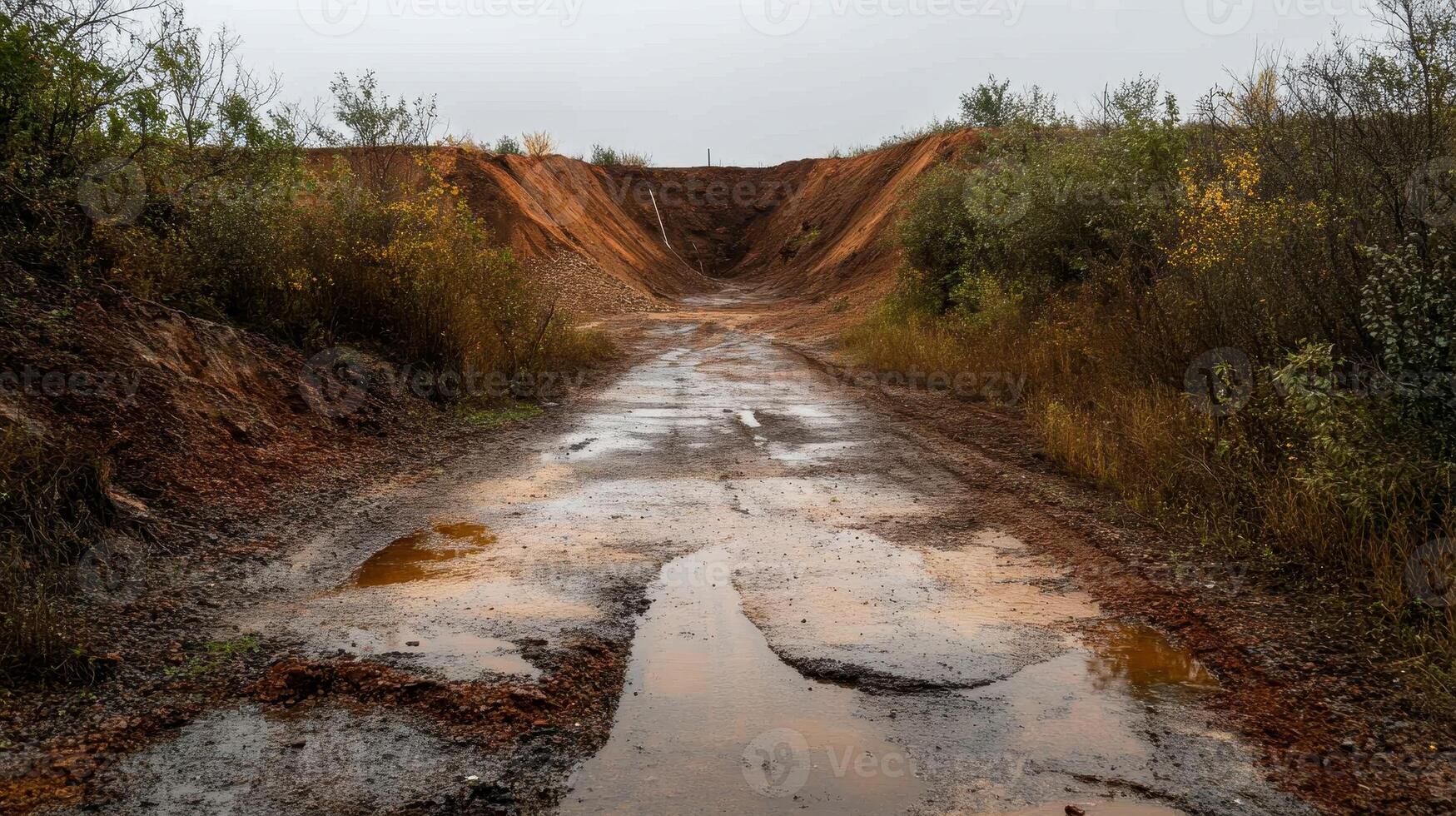 A muddy trail cuts through overgrown vegetation, leading to a rugged terrain under a cloudy sky, evoking a sense of wilderness and exploration. photo