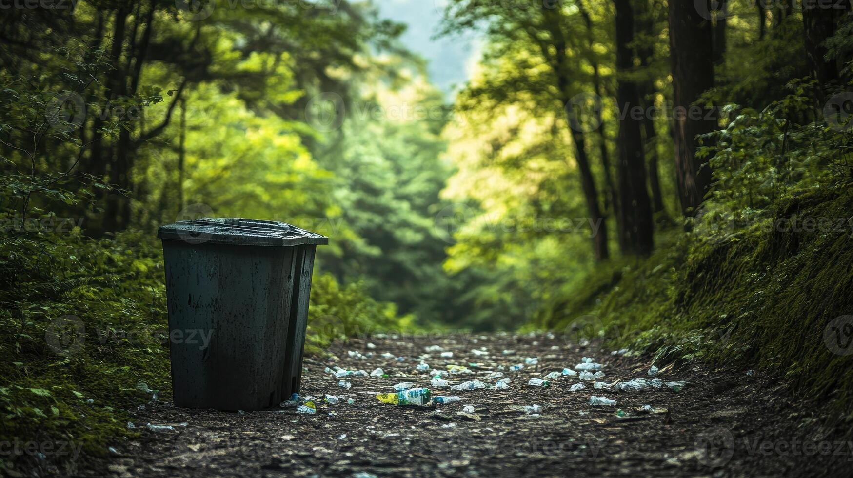 A solitary trash bin on a gravel path surrounded by lush greenery in a tranquil forest setting. photo