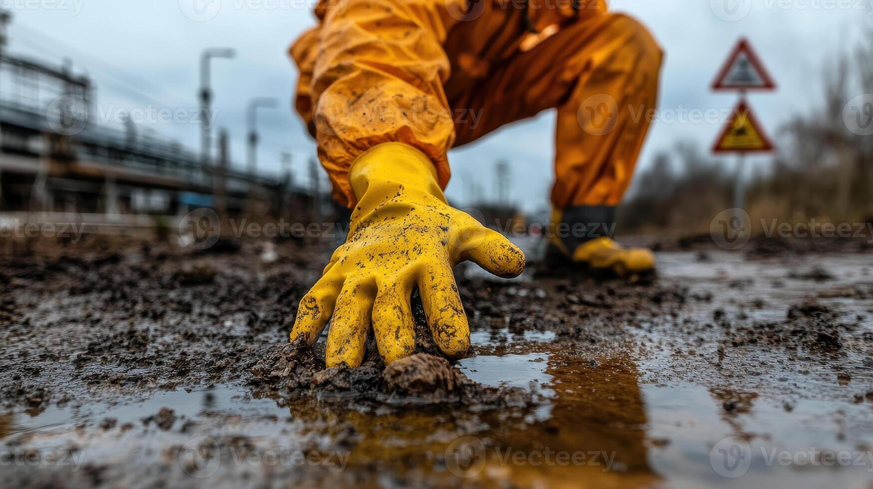 A worker in protective gear reaches toward muddy ground, emphasizing environmental concerns and safety in industrial settings. photo