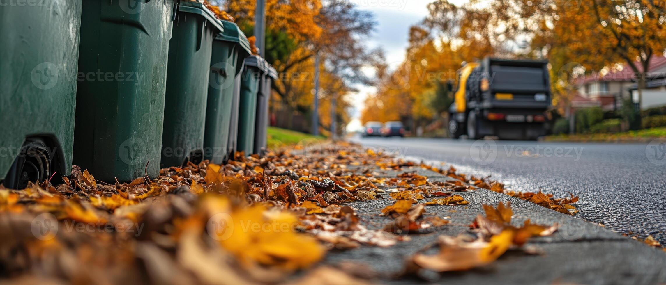 A street scene in autumn featuring colorful fallen leaves, green trash bins, and a garbage truck collecting waste. photo
