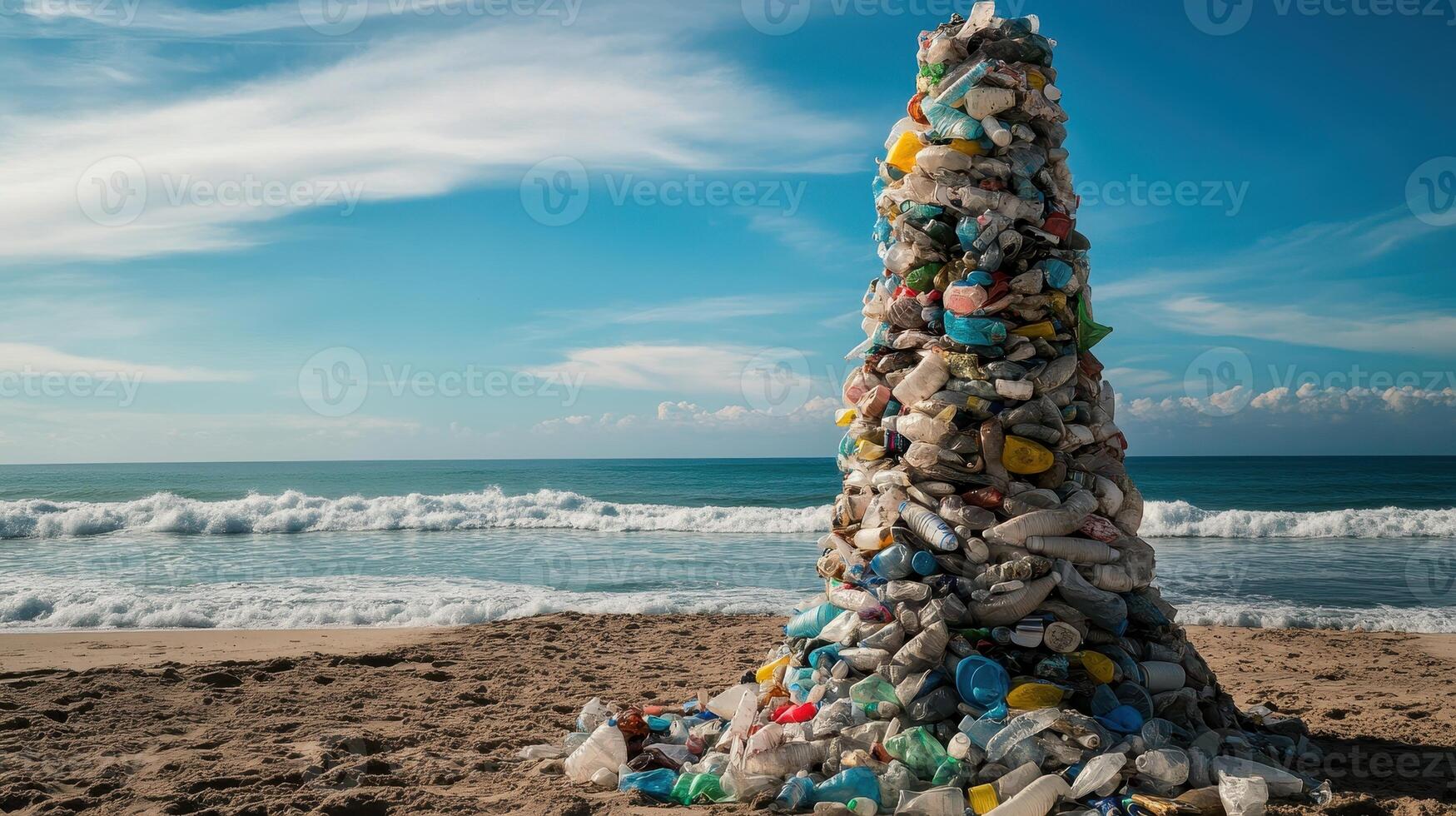 A tower of plastic waste stands on the beach, contrasting with the serene ocean and sky in the background, highlighting environmental concerns. photo