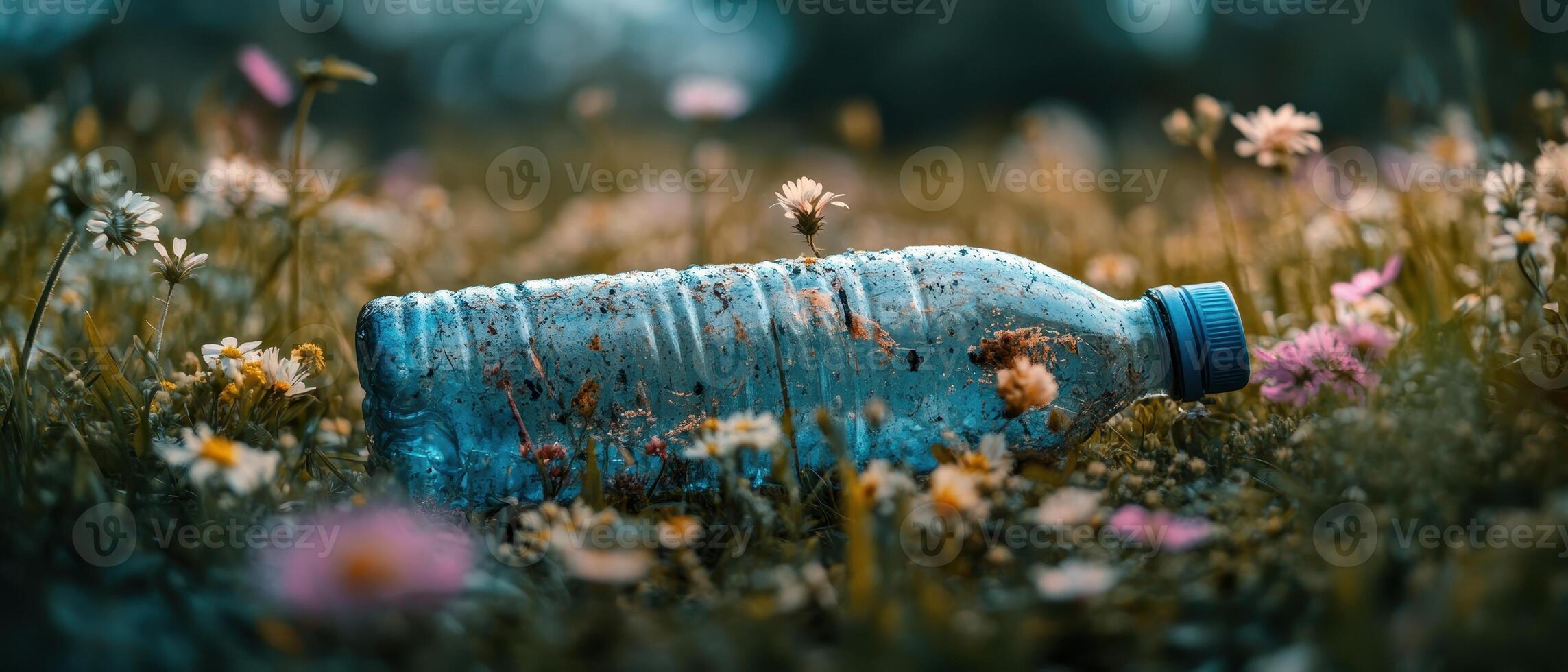 A discarded plastic bottle lies among colorful wildflowers in a natural setting, highlighting environmental pollution and its impact on nature. photo