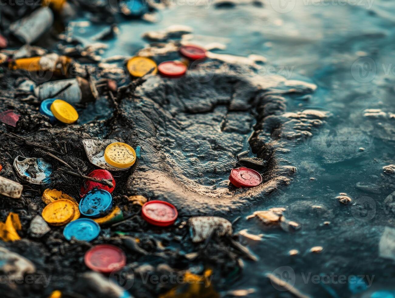 Polluted water surface littered with colorful plastic caps, highlighting environmental concerns and waste management issues. photo