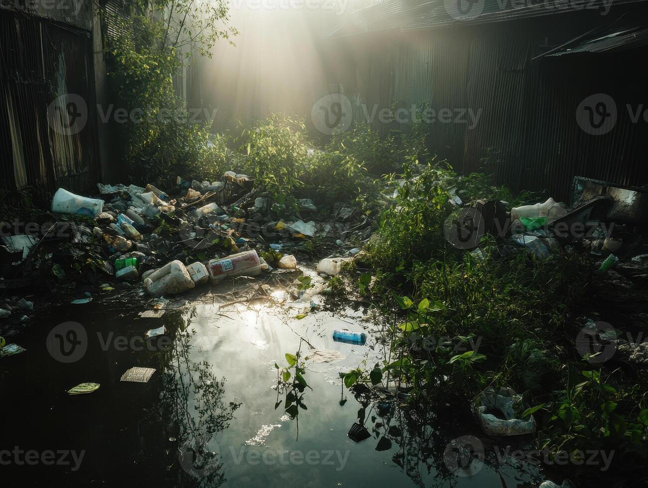 A neglected, overgrown area filled with trash and stagnant water, illuminated by shafts of light filtering through surrounding structures. photo