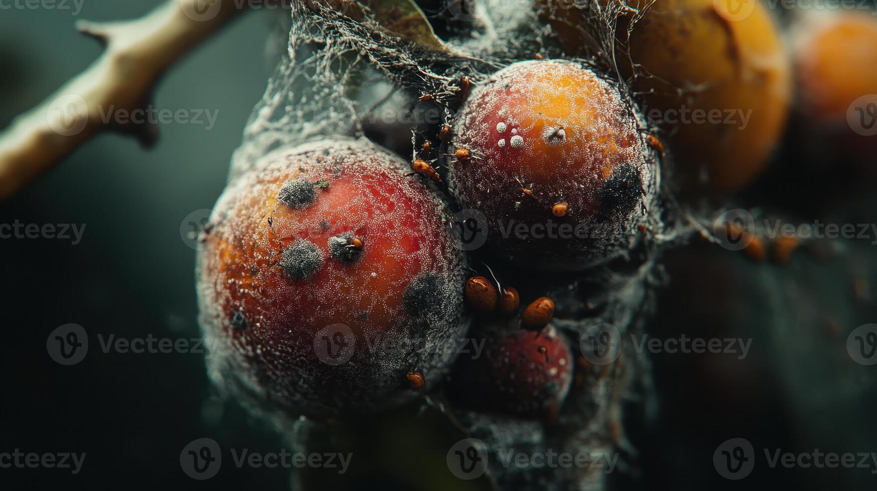 Close-up of red fruits covered in spiderweb, creating an intriguing blend of nature and texture, set against a blurred backdrop. photo