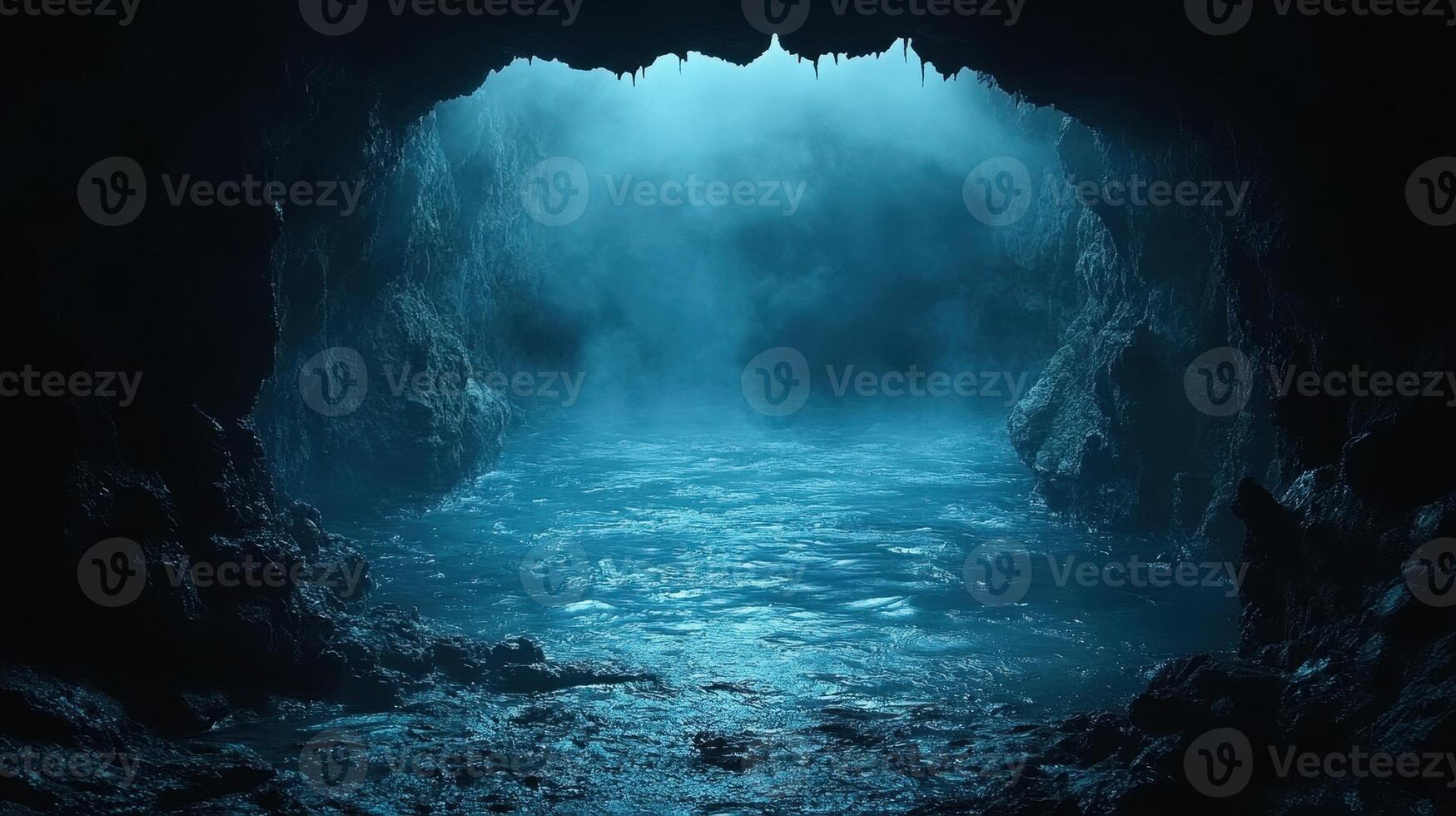 Mysterious cave entrance, dark water, misty interior, fantasy background, game design photo
