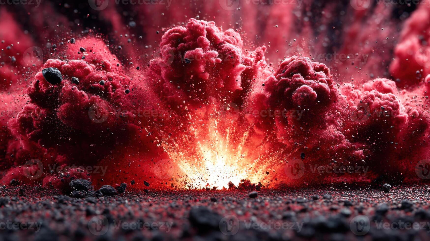 Dramatic explosion of red dust and debris creates fiery visual effect photo