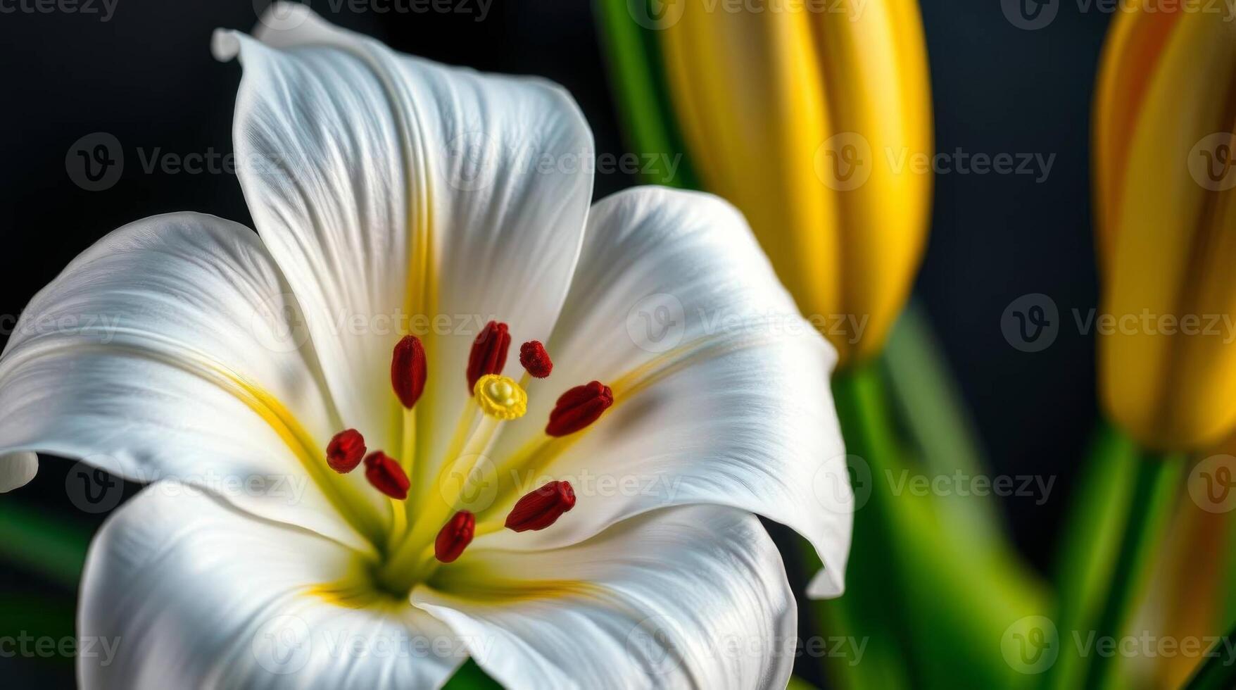 Close up of a white lily flower with yellow tulips in the background photo