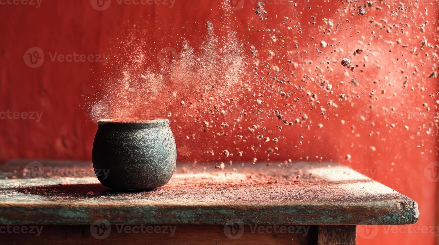Mystical pot with red dust explosion on wooden table against red wall photo