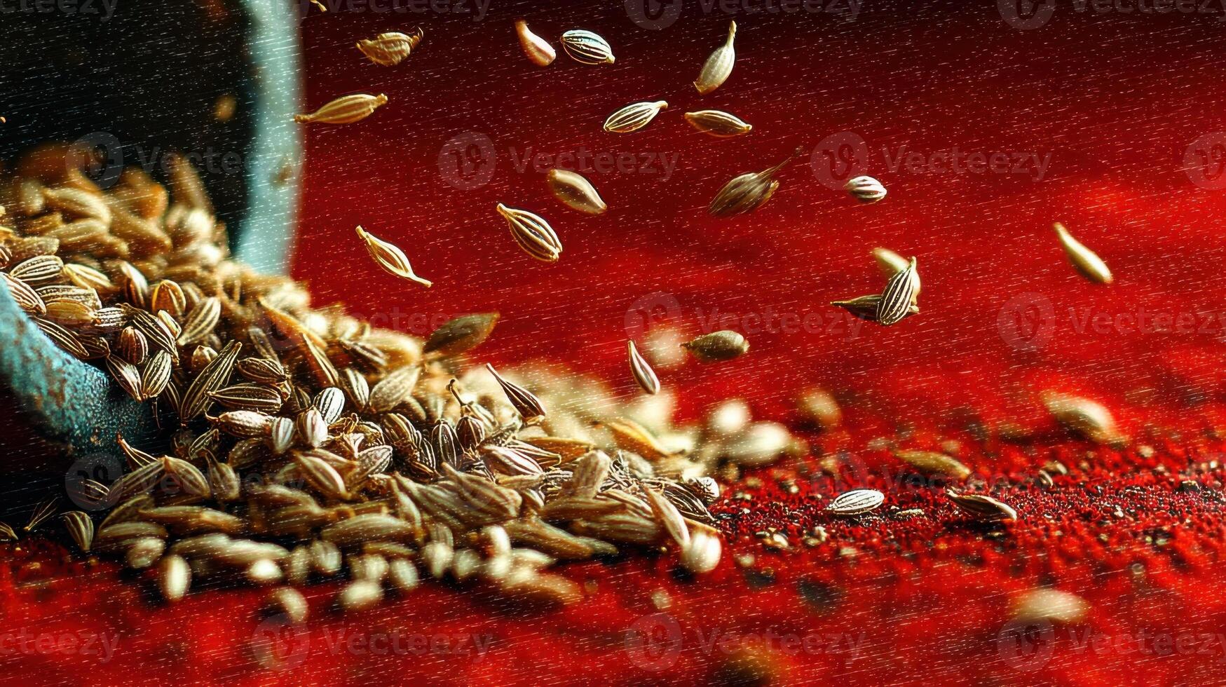 Cumin seeds falling from a mortar on red background creating dynamic scene photo