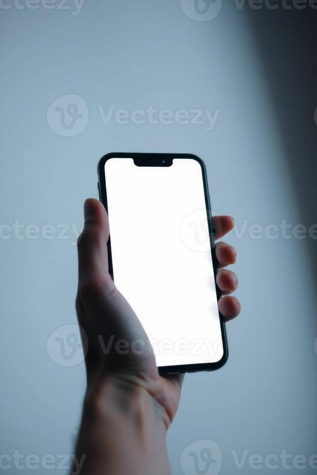 Person holding modern smartphone with blank white screen up close view photo