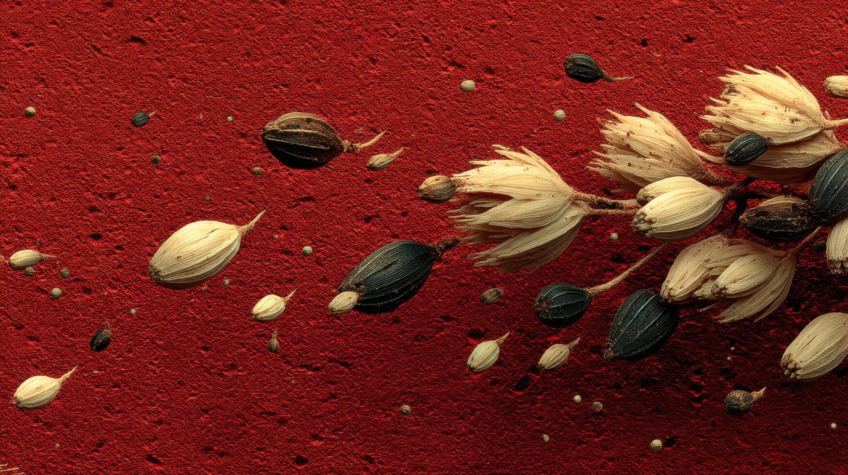 Dry flower seeds on a textured red background presenting natural beauty photo