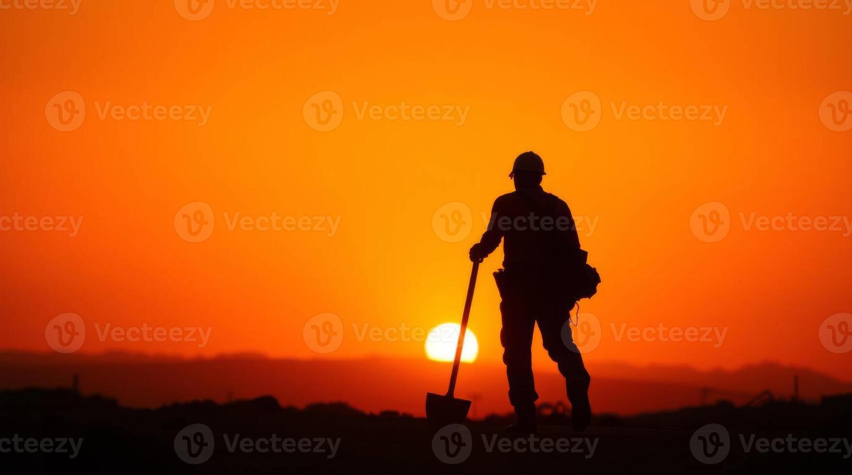 Silhouette of construction worker with shovel against a vibrant sunset sky photo