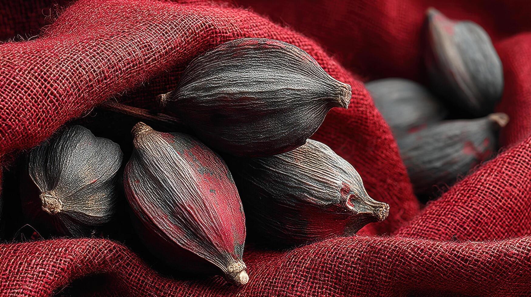 Exotic pods on red burlap create a captivating natural texture image photo