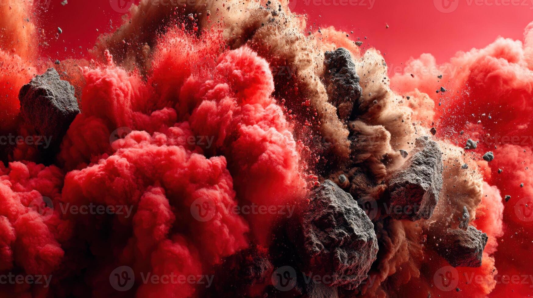 Explosive cloud of red dust and debris particles scattering intensely photo