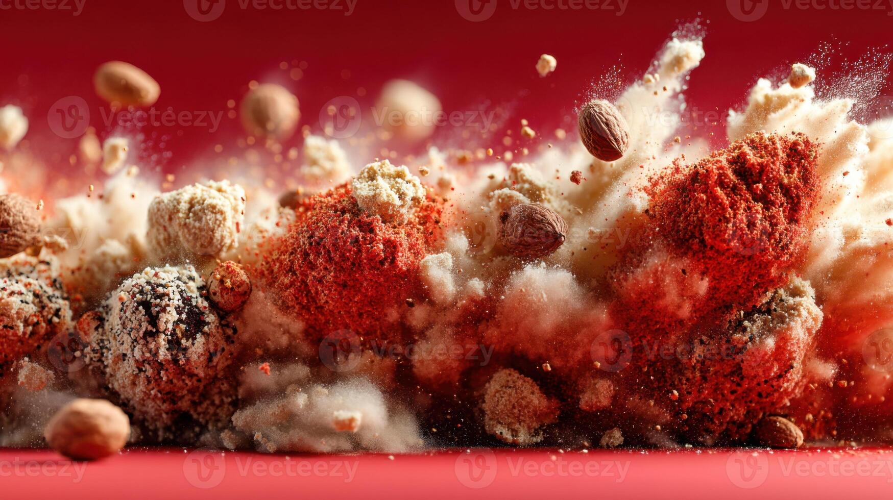 Exploding dessert ingredients creating a vibrant culinary explosion event photo