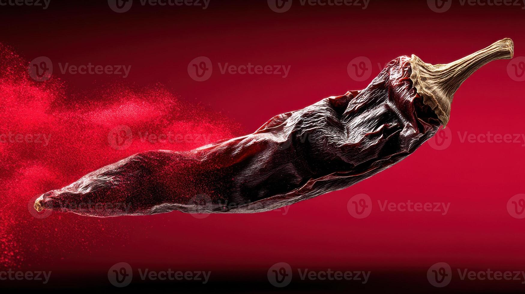Dried chili pepper with paprika powder explosion on red background photo