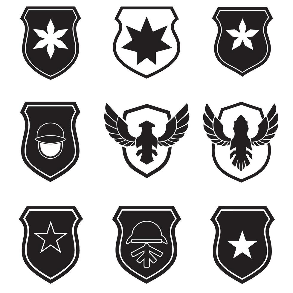 Combat style military insignia and shield logo symbol set in clean silhouette design vector