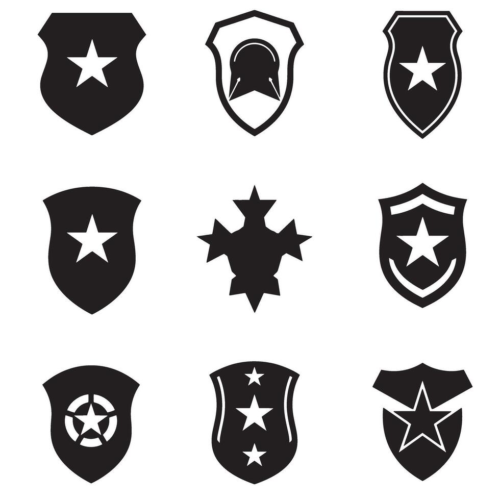 Shield icon and army military badge set in sharp silhouette format for campaign artwork vector