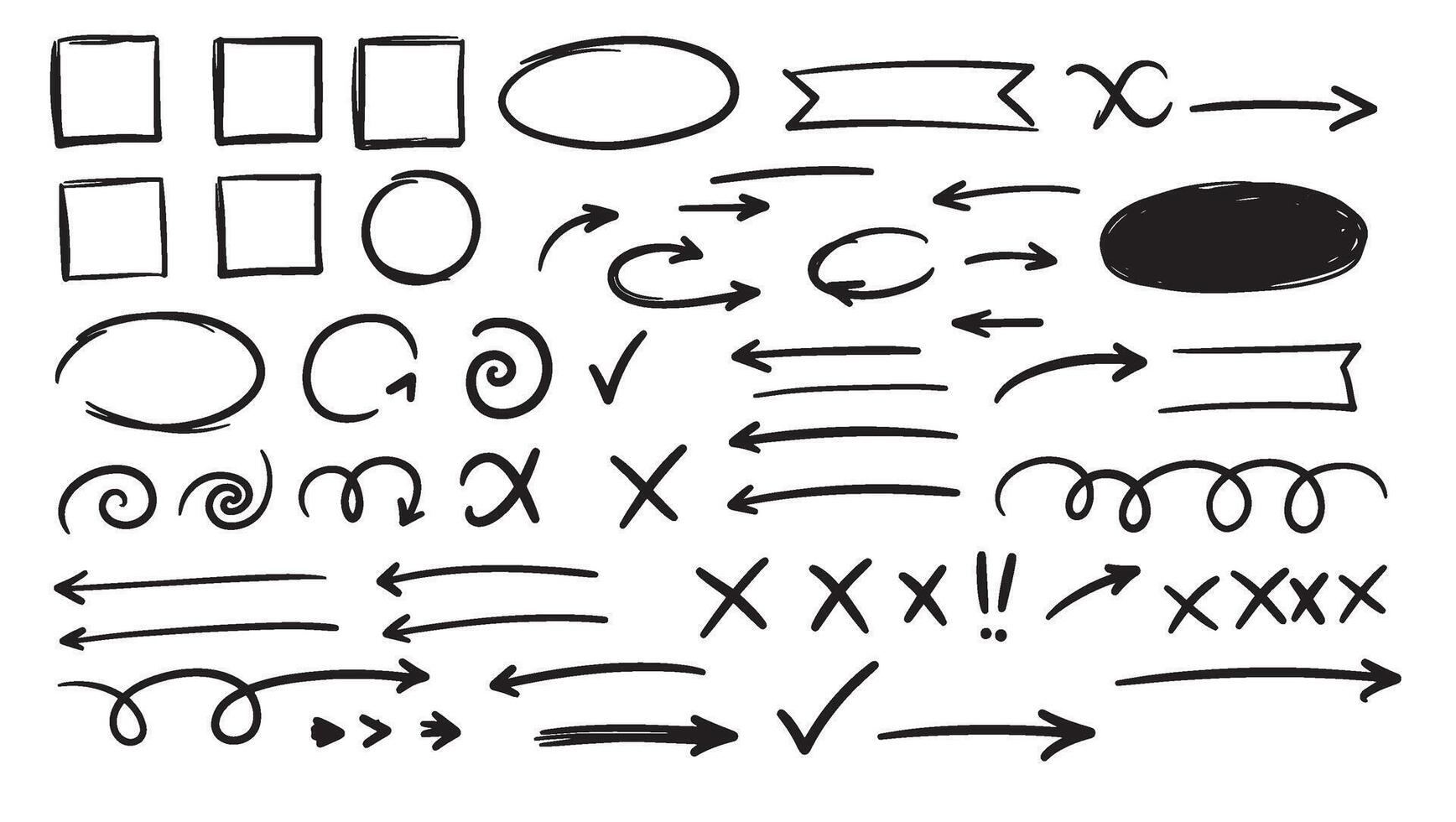 Sketched design set with playful arrows checkmarks and borders for creative digital tools vector