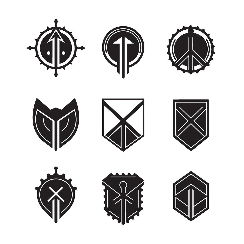 Collection of shield logo badge icons with military and army insignia silhouette artwork vector
