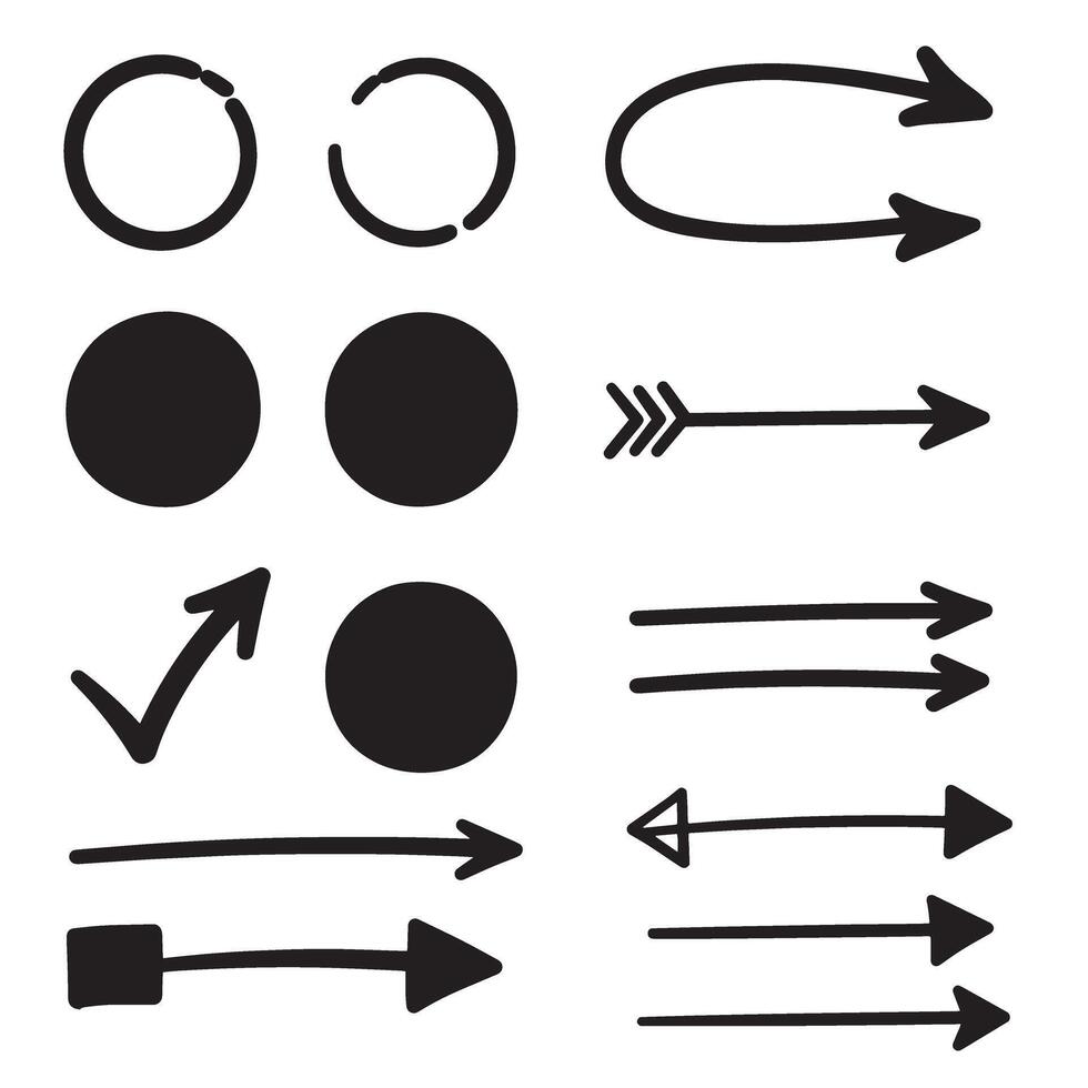 Set of hand drawn frame circles arrows check marks and lines in sleek silhouette bundle vector