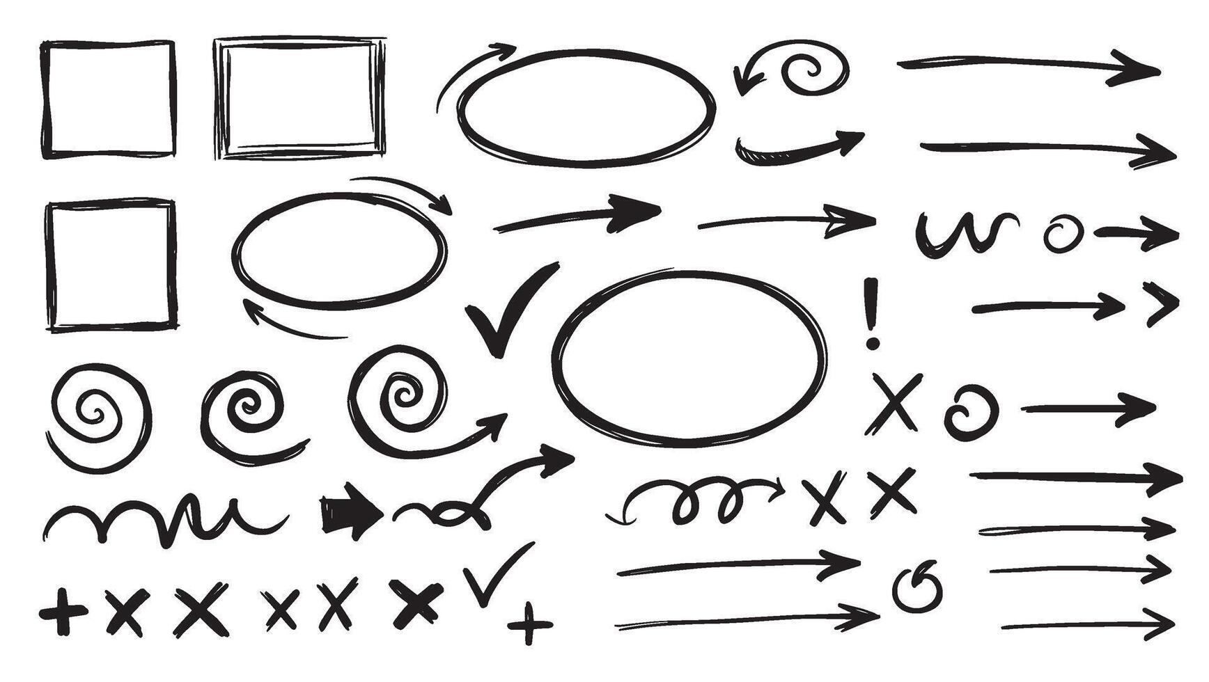 Swirly arrows oval shapes and check signs all hand drawn for visual creative compositions vector