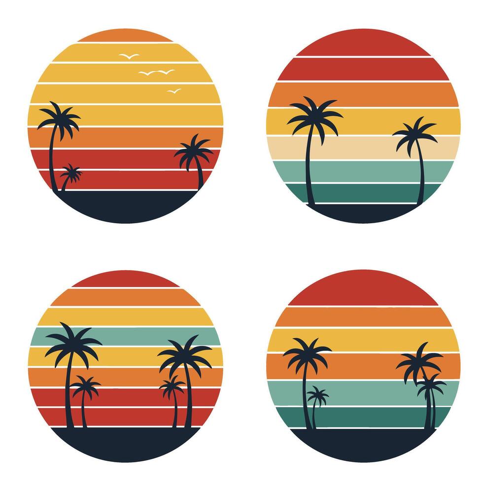 Set of retro summer sunset graphics with palm trees and beach themes in classic faded style vector