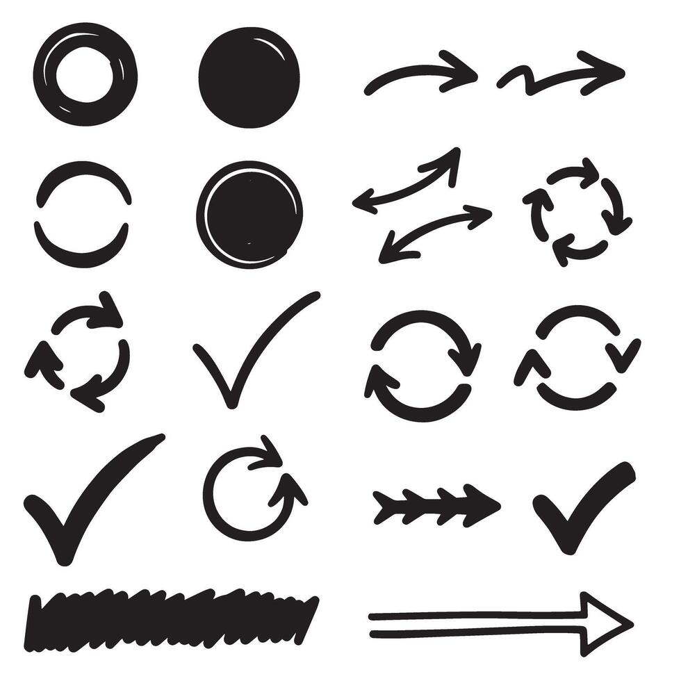 Hand drawn circle frames and check marks with arrows and lines in modern silhouette set vector