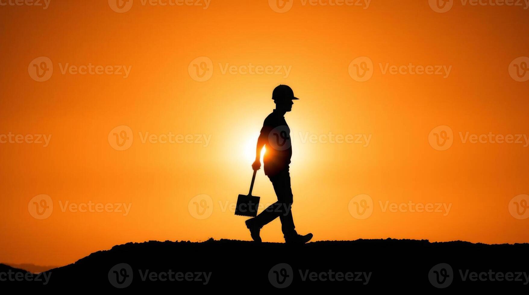 Silhouette of a construction worker walking against the sunset holding shovel photo