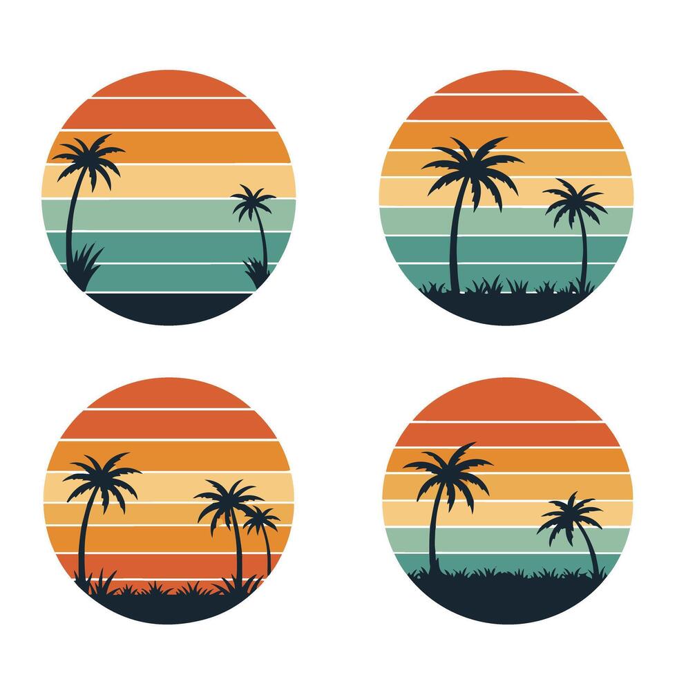 Summer retro sunset illustration bundle with bold colors and vintage tropical design set vector