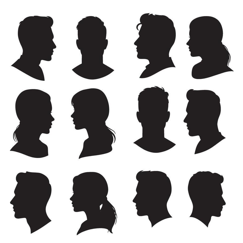 Man woman silhouette profile icons with hairstyle variations, avatar symbols and identity portrait templates vector