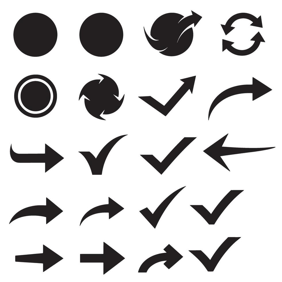 Circle, arrow, check marks, and line and other element silhouette bundle for app icons and flat UI vector