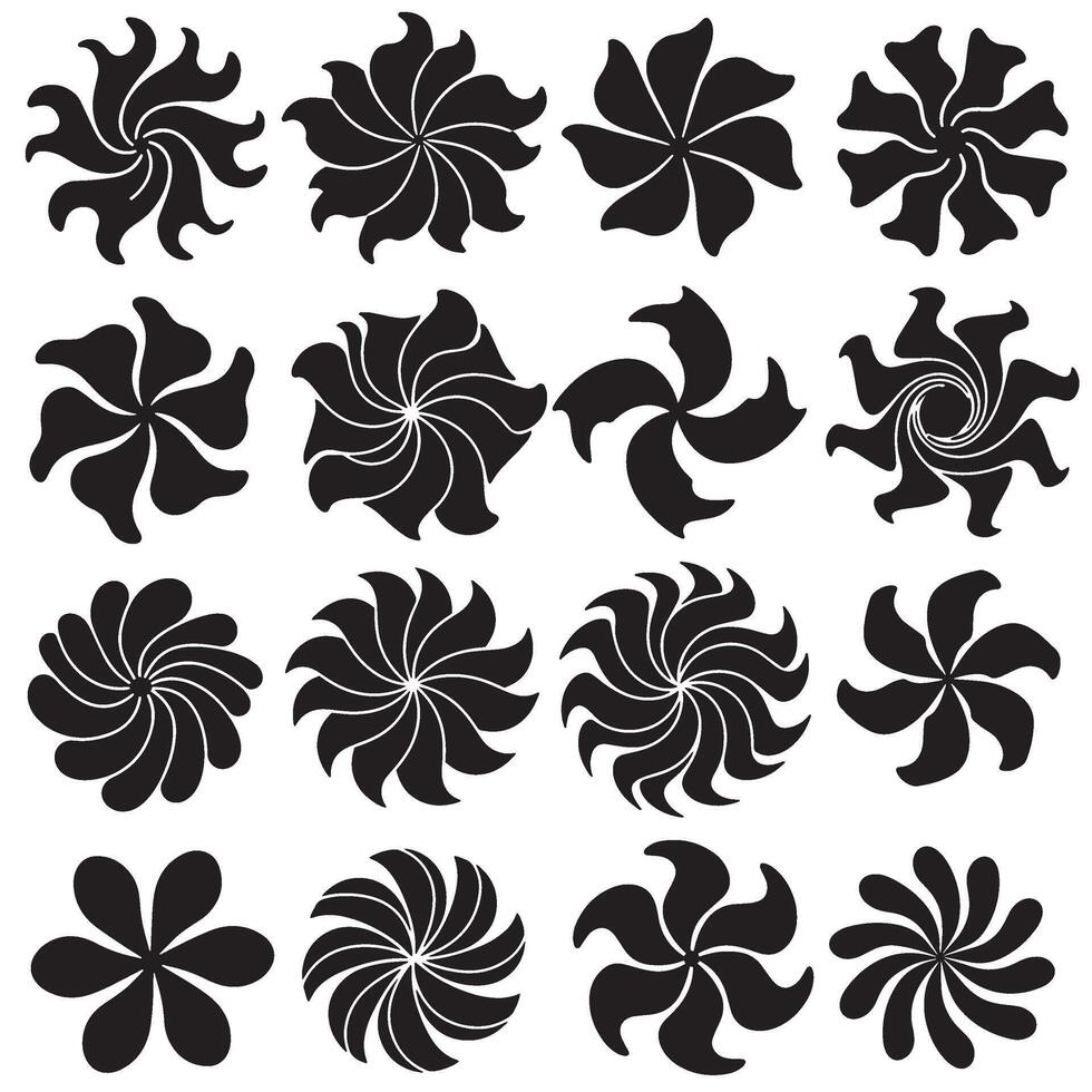 Silhouette flower icons with wavy lines and groovy shapes set bundle for stylish modern variation design vector