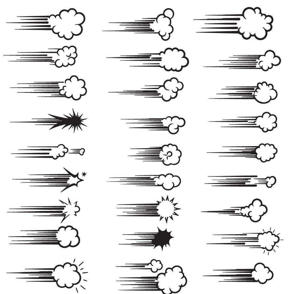 Line movement set with energy bursts speed lines expressive ink curves and action comic style vector